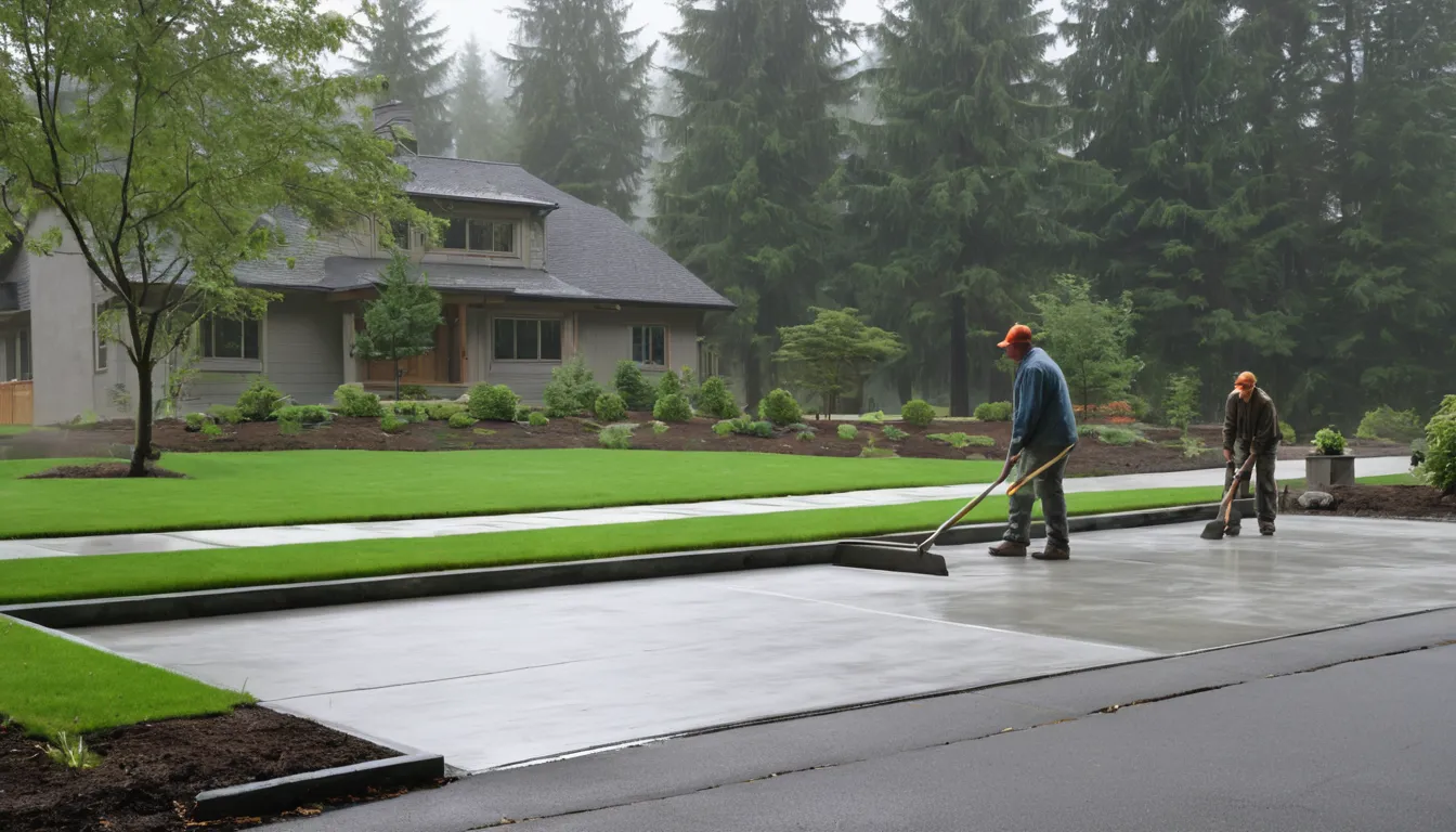 A freshly poured concrete driveway beside a wood-frame home in the Lake Stevens area on a mild, damp day