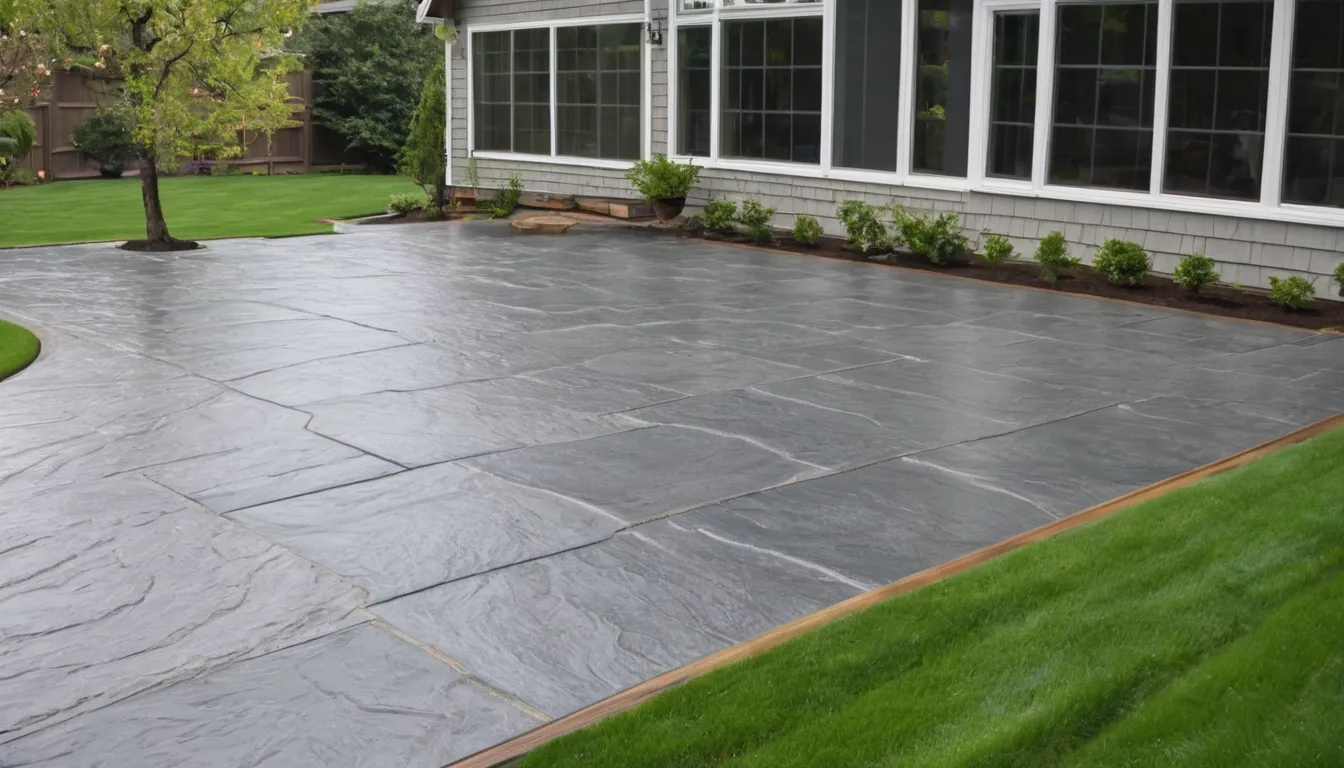A finished stamped concrete patio with a slate pattern behind a wood-frame home in the Lake Stevens area